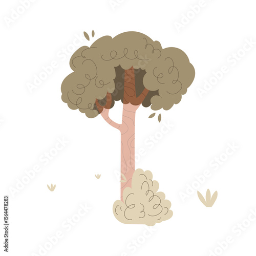 Earthy Tree Illustration: A whimsical tree illustration, featuring a sturdy trunk and a lush, textured crown, stands peacefully amid minimalist grassy elements.