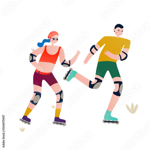 Inline Skating Adventure: Capturing the thrill of movement as a couple glides swiftly on roller skates, a moment of joyous recreation under the bright sunshine.