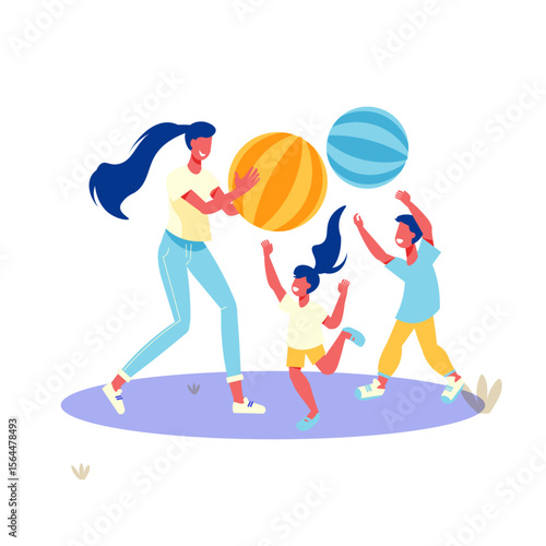 Joyful Playtime with Parent and Children: A parent and two children frolic in a sunny, bright scene, tossing colorful balls in a delightful display of family fun.