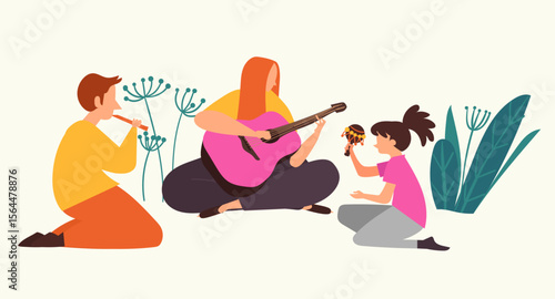 Musical family fun: A heartwarming scene unfolds as a family serenades together, one strumming a pink guitar, another tooting a flute, and a child joyfully shaking maracas.