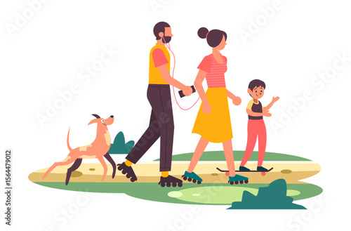 Family Rollerblading in Park: Capturing the essence of family leisure, this image depicts a family, rollerblading and enjoying a leisurely stroll with their pet dog in a vibrant park.