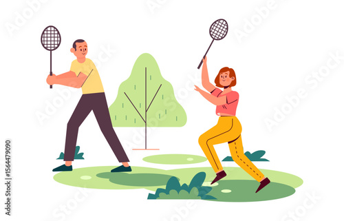 Badminton Game in the Park: Two players in motion, ready to start game, engaging in a badminton match amidst the natural park's greenery, showcasing dynamic action and athletic skill.