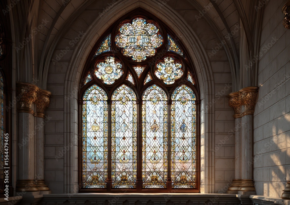 Fototapeta premium Architectural stained glass window showcasing intricate details and a symphony of colors and light