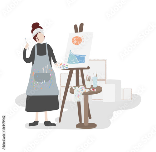 Artistic Creation: A skilled artist, brush in hand, focuses on her easel, fully immersed in bringing her canvas to life, in a brightly lit studio filled with creative energy.