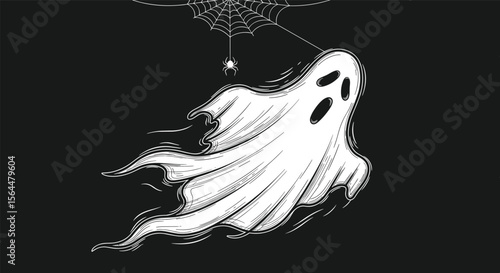 Spooky Halloween ghost floating on a spiderweb in the dark night with eerie vibes and scary atmosphere