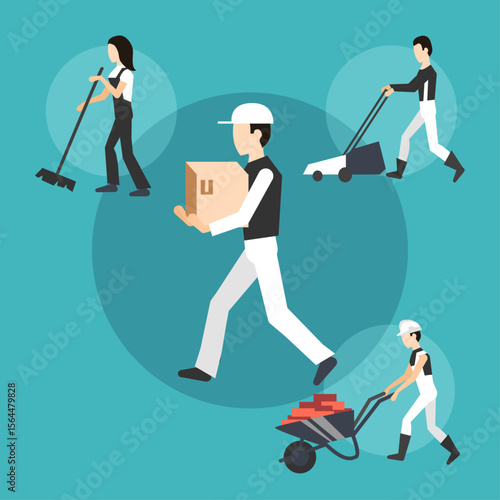 Versatile workforce: A collection of dedicated professionals each engaged in their unique work, set against a vibrant turquoise backdrop, showcasing the essence of service and teamwork.