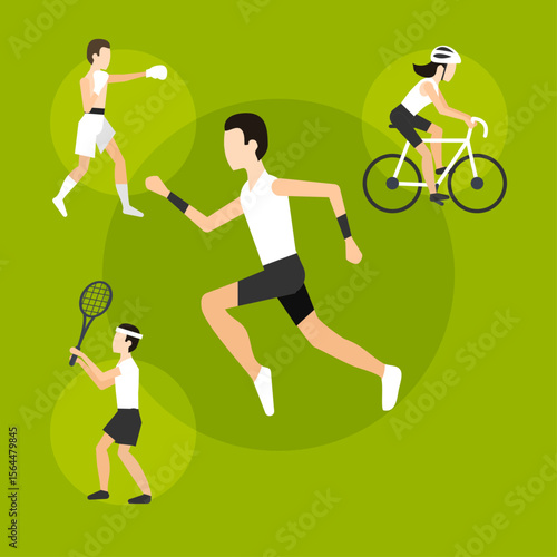 Diverse Sporting Activities: A vibrant illustration captures individuals engaged in a range of sports and recreational activities, showcasing athleticism, skill, and a passion for active living.