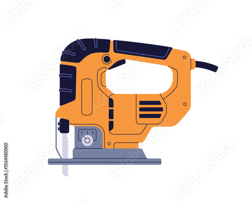 Jigsaw, electric hand tool. Power jig saw with cutting blade for wood work, building and construction industry, repair. Professional equipment. Flat vector illustration isolated on white background