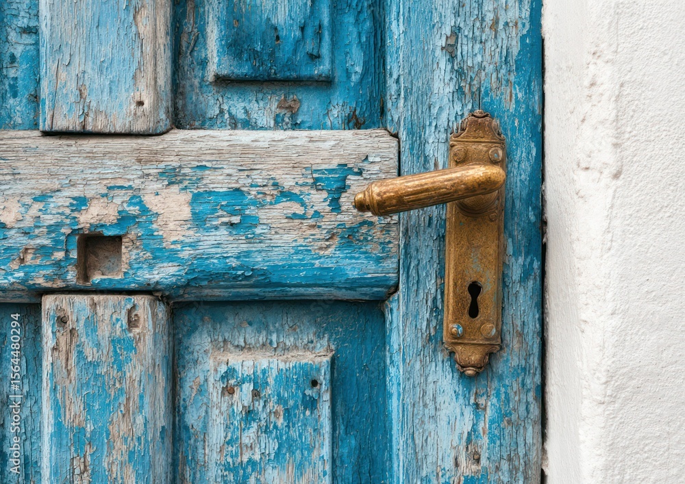 Close-up of weathered blue wooden door with antique handle, showcasing texture and detail Close-up of weathered blue wooden door with antique handle, showcasing texture and detail