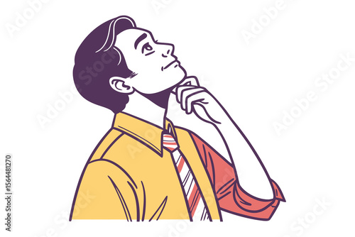A man in a yellow shirt and striped tie looks upward thoughtfully resting his chin on his hand contemplating an idea