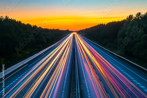 Highway traffic light trails under vibrant sunset sky, long exposure nighttime photography