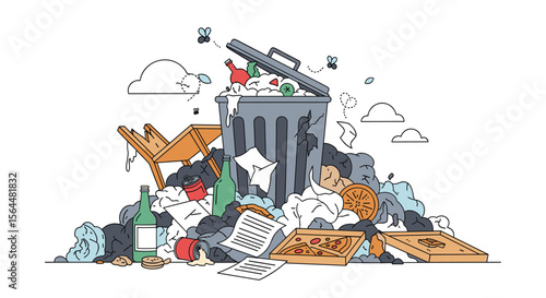 A overflowing trash can with various discarded items creating a messy pile of refuse and debris
