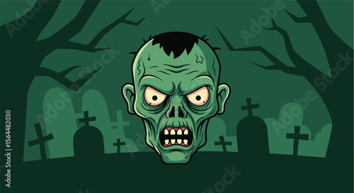 Horrifying Undead Monster Zombie Head Emerging From a Spooky Cemetery on Halloween Night