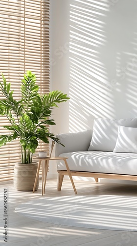 Light and shadow play in bright interior with white sofa and potted plant