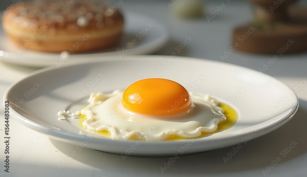 A close-up of a perfectly cooked sunny-side-up egg with a bright, runny yolk on a white plate, captured in high resolution: 4K and HD image. A close-up of a perfectly cooked sunny-side-up egg with a bright, runny yolk on a white plate, captured in high resolution: 4K and HD image.