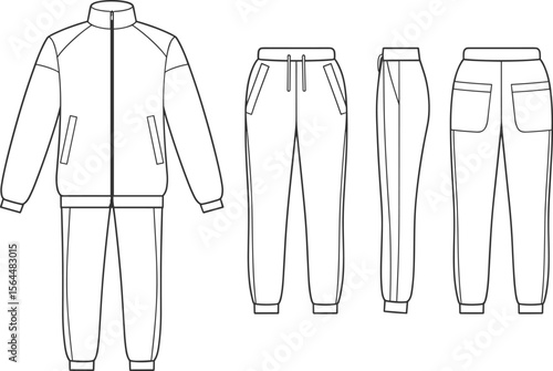 Detailed Technical Flat Sketches of a Tracksuit Set, Featuring a Full-Zip Jacket and Jogger Pants - Front, Side, and Back Views for Sportswear Design.