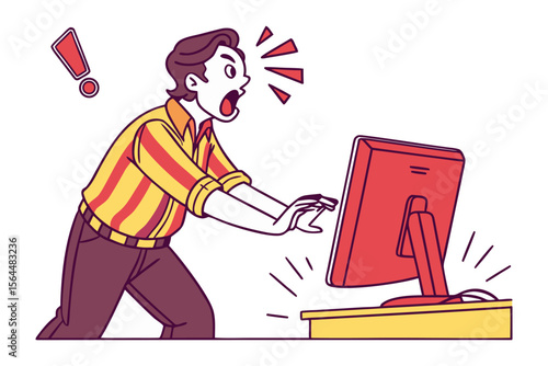 Frustrated person yelling at computer screen with exclamation mark symbolizing shock and anger at online content or technical issues