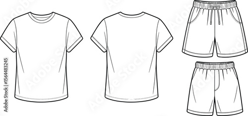 Detailed Technical Flat Sketches of a Basic Crew Neck T-shirt and Elastic Waist Shorts - Front and Back Views for Summer Apparel Design.