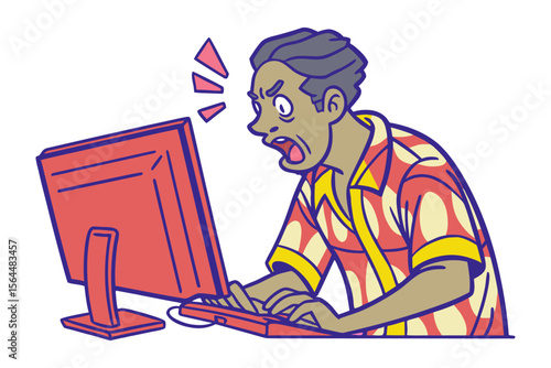 Shocked man reacts angrily to computer screen while typing frantically on keyboard expressing frustration and disbelief