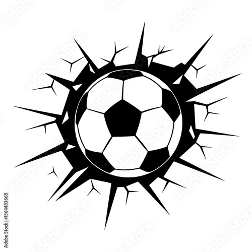 Soccer ball smashing through cracked wall illustration, Black and white vector graphic of a soccer ball breaking through a cracked surface, symbolizing power, sports action, and energetic impact.

