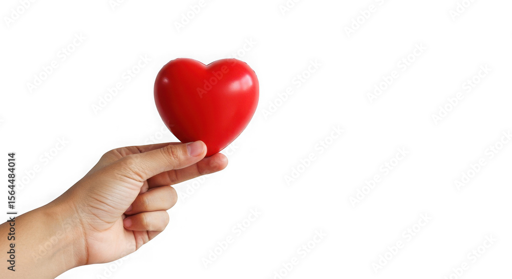 Fototapeta premium Hand holding a red heart against a transparent background in a studio setting