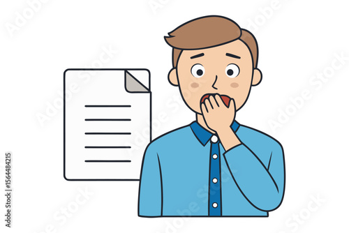 Young man with brown hair wearing a blue shirt yawns widely while covering his mouth with his hand next to a document
