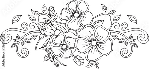 Monochrome Detailed Floral Arrangement with Swirling Petals Line Art