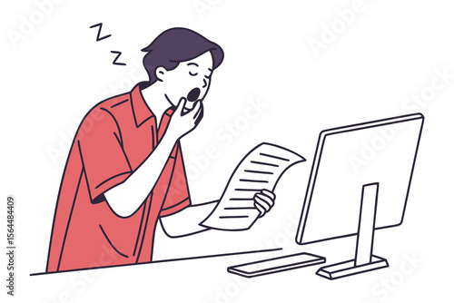 Tired office worker yawning widely while holding a document and looking at a computer screen symbolizing exhaustion and burnout