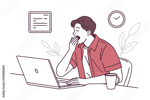 Tired young man yawning while working on a laptop with a coffee mug and a clock indicating late hours