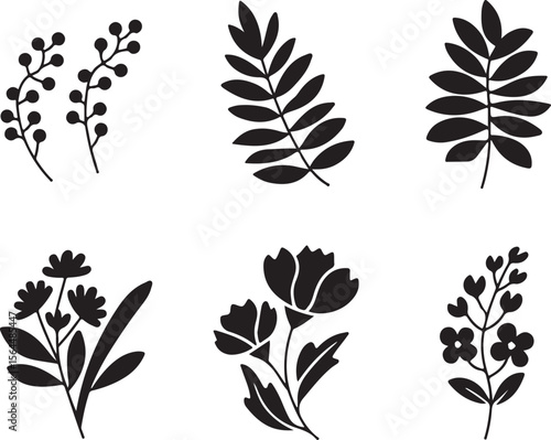 Monochrome Assorted Floral and Leaf Sprigs Line Art