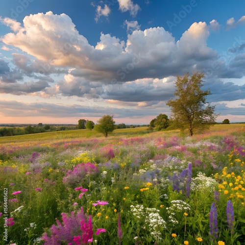Field of colorful wildflowers under a bright blue sky in the countryside