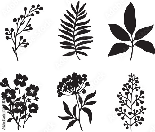 Monochrome Assorted Leaf and Berry Sprigs Silhouette Set