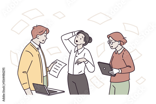 Three confused colleagues in an office setting surrounded by floating papers discussing a problem with laptops and documents