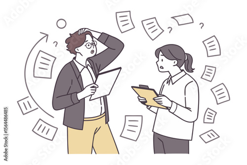 Confused business professionals surrounded by scattered documents and question marks struggling with overwhelming tasks and uncertainty in a chaotic work environment