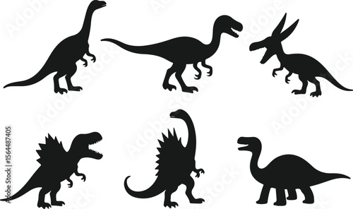 Collection of silhouettes of various prehistoric dinosaurs in dynamic poses