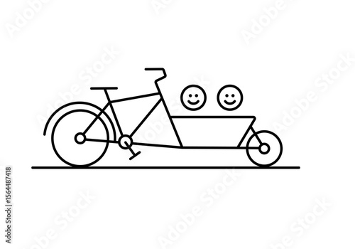 Cargo bicycle with front children seat, linear simple drawing with editable stroke.