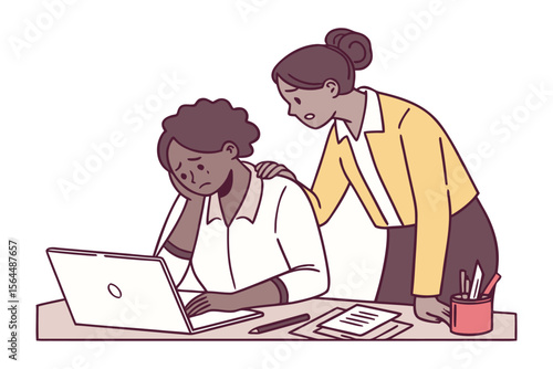 A supportive colleague offers comfort and encouragement to a distressed coworker struggling with work at a computer desk