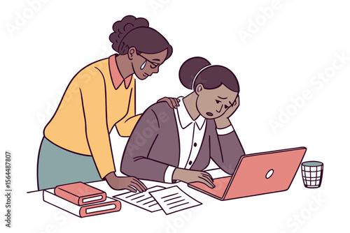 Woman comforting crying colleague at desk with laptop and books showing empathy and support during difficult work situation