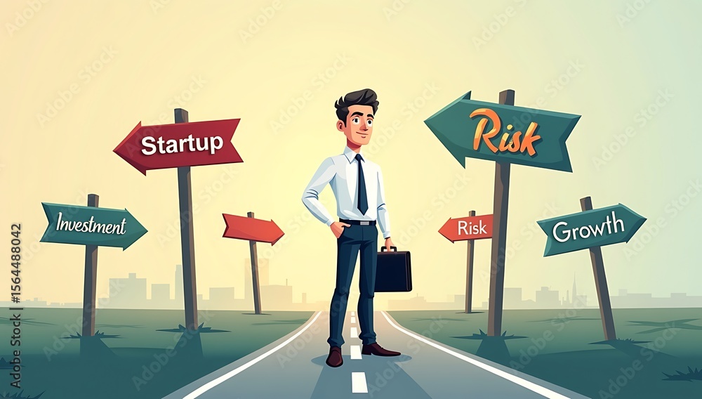 Vector illustration of a businessman standing at a forked road with multiple signboards like “Startup,” “Investment,” “Risk,” “Growth” — symbolizing decision-making.
Vector illustration of a businessman standing at a forked road with multiple signboards like “Startup,” “Investment,” “Risk,” “Growth” — symbolizing decision-making.