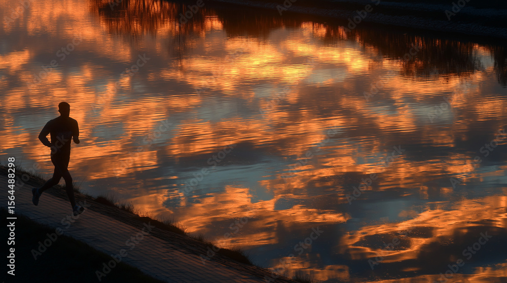 Fototapeta premium Runner at Dusk on Deserted Embankment with Reflective Sunset