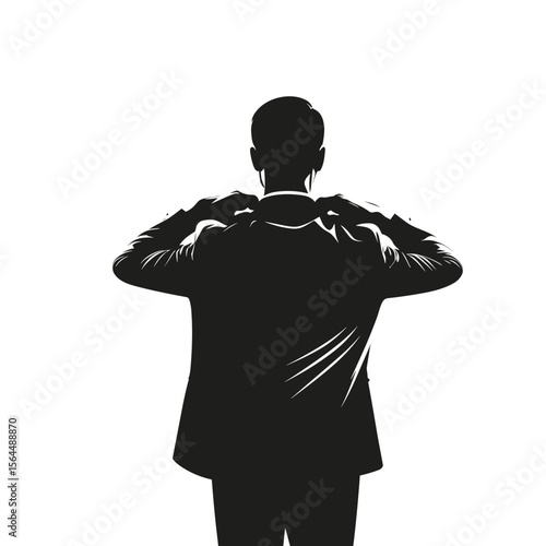 Silhouette of man adjusting jacket collar from behind isolated on transparent background