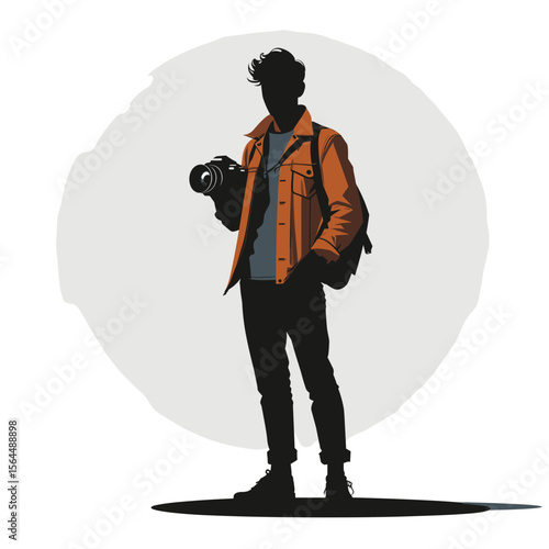 Silhouette of photographer with camera and backpack isolated on transparent background