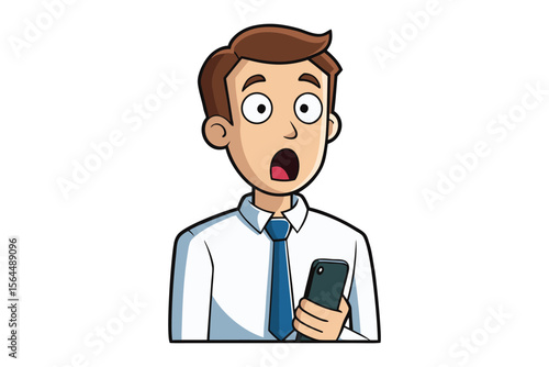 Shocked businessman holding smartphone with wide eyes and open mouth expressing surprise or astonishment