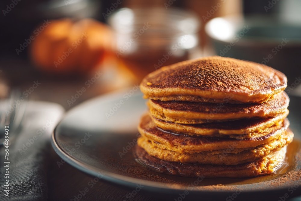 custom made wallpaper toronto digitalFood photography of a stack of pancakes with pumpkin puree and cinnamon, breakfast concept for Thanksgiving morning, blurred kitchen background