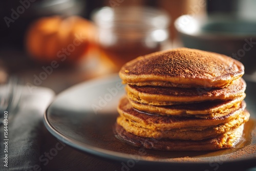 Wallpaper Mural Food photography of a stack of pancakes with pumpkin puree and cinnamon, breakfast concept for Thanksgiving morning, blurred kitchen background Torontodigital.ca