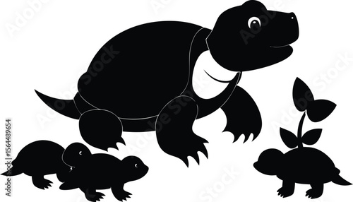 Turtle Family Silhouette Vector Illustration: Mother Turtle with Baby Turtles and Plant