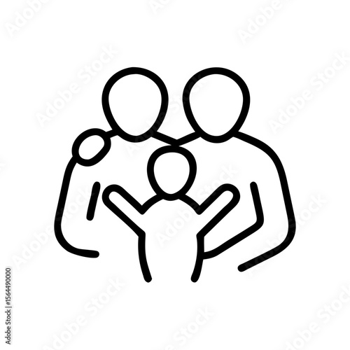 Family icon representation with two adults and one child embracing  