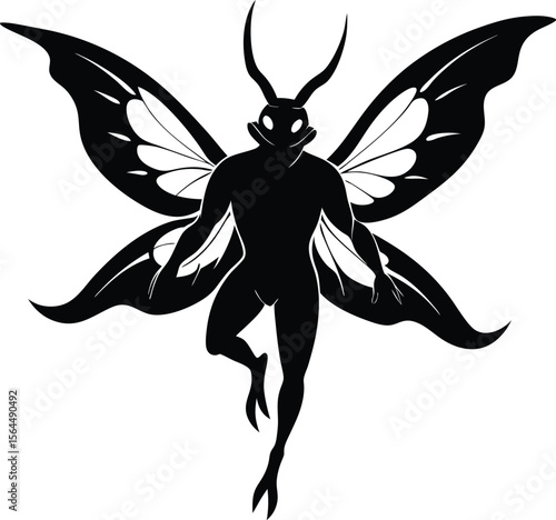 Mothman Silhouette Vector Illustration: Cryptid Creature, Moth Monster, Black and White Graphic