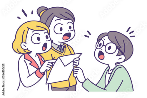 Three surprised cartoon characters react with shock and amazement while looking at a document together