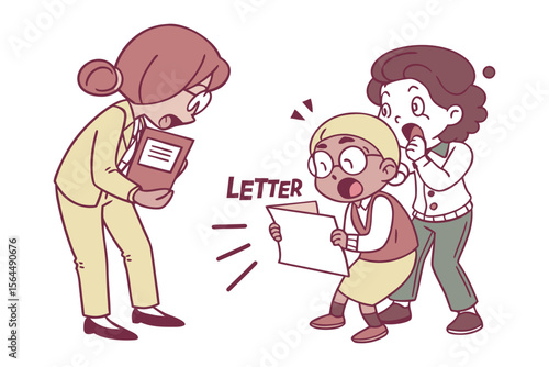 Astonished teacher and students react to shocking letter content expressing surprise and disbelief